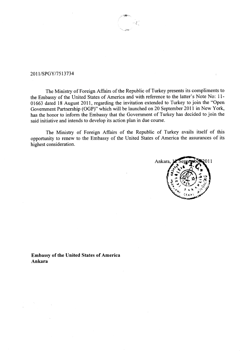 Image de la lettre d'intention de la Turquie à l'OGP. Page 1 de 1.