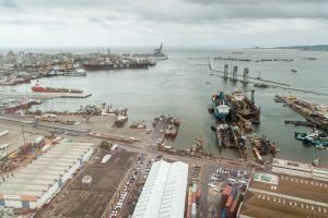 Aerial view of a port in Montevideo, Uruguay